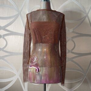 Bronze Bedazzled Fishnet Long Sleeve Top with Bandeau Bralette